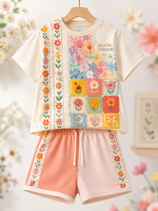 Ensemble chemise à manches courtes pour enfants, motifs fleuris