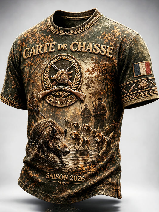 T-shirt décontracté pour homme à imprimé rétro chasse au sanglier en France