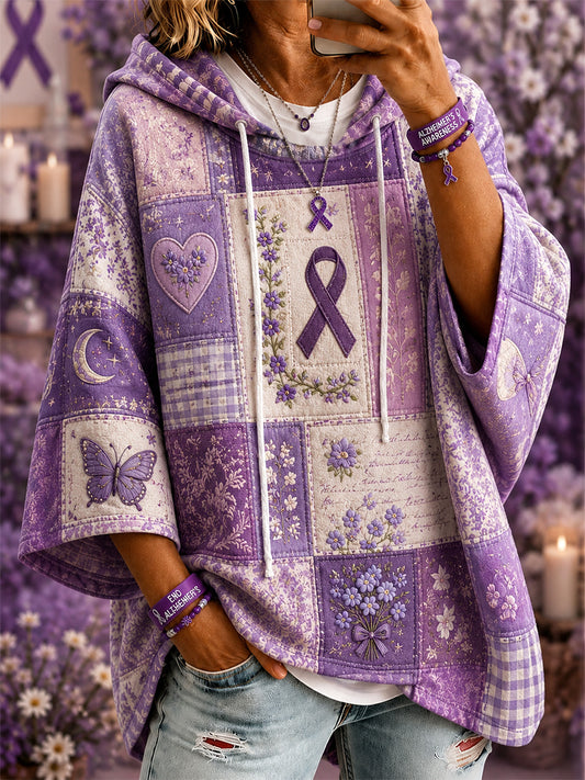 Sweat à capuche décontracté à manches courtes pour femmes à patchwork violet à imprimé floral et papillon