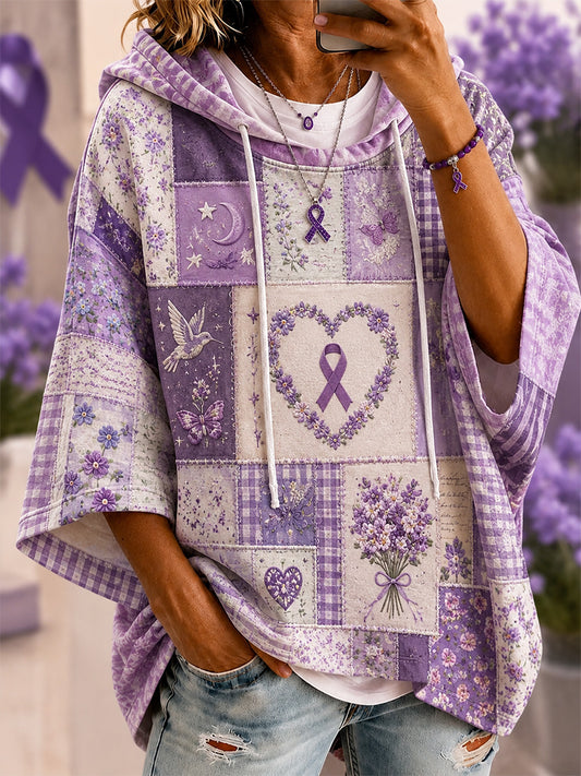 Sweat à capuche décontracté à manches courtes pour femme patchwork violet floral et imprimé colibri