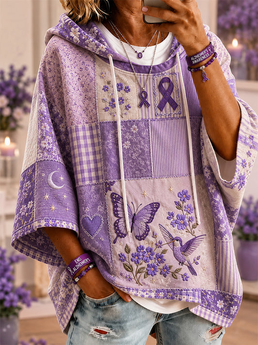 Femmes Patchwork Violet Floral & Colibri & Papillon Imprimer Alzheimer Sensibilisation Soutien Casual À Manches Courtes Sweat À Capuche