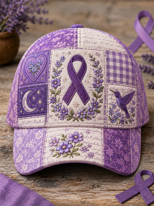 Chapeau de soutien de sensibilisation à la maladie d'Alzheimer unisexe patchwork violet floral et colibri