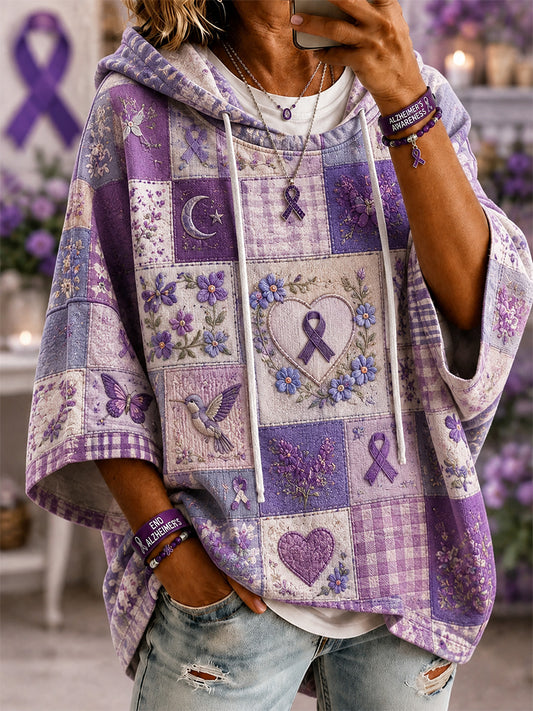 Sweat à capuche décontracté à manches courtes pour femmes, en patchwork, imprimé floral violet et colibris, en soutien à la sensibilisation à la maladie d’Alzheimer
