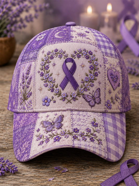 Unisexe Patchwork Violet Floral & Papillon Imprimer Alzheimer Sensibilisation Soutien Chapeau