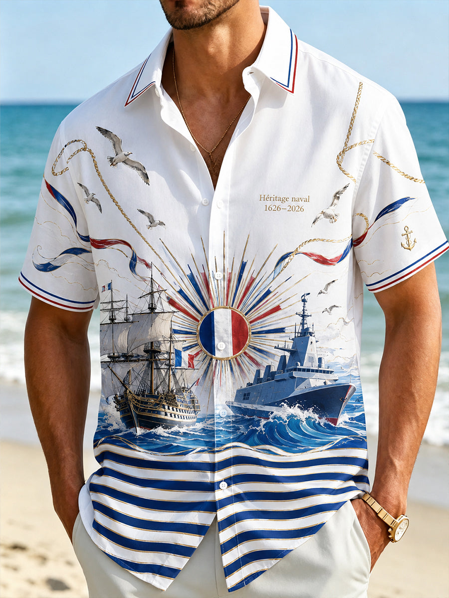 Chemise décontractée pour homme, marine française, manches courtes
