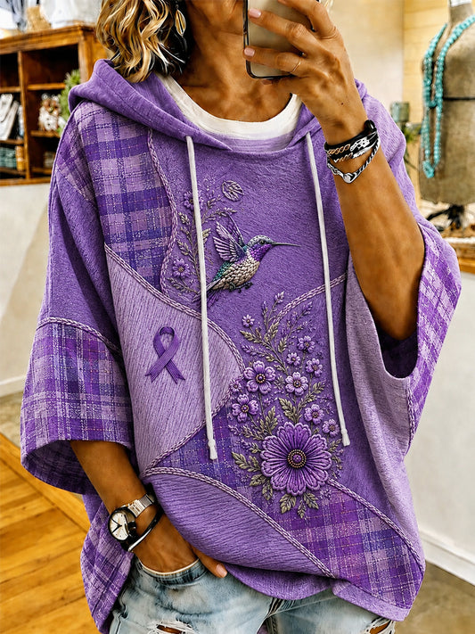 Sweat à capuche à manches courtes pour femmes violet imprimé floral et colibri Alzheimer Awareness Support