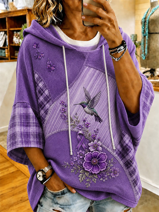 Sweat à capuche manches courtes pour femmes, imprimé floral violet et colibris, en soutien à la sensibilisation à la maladie d’Alzheimer