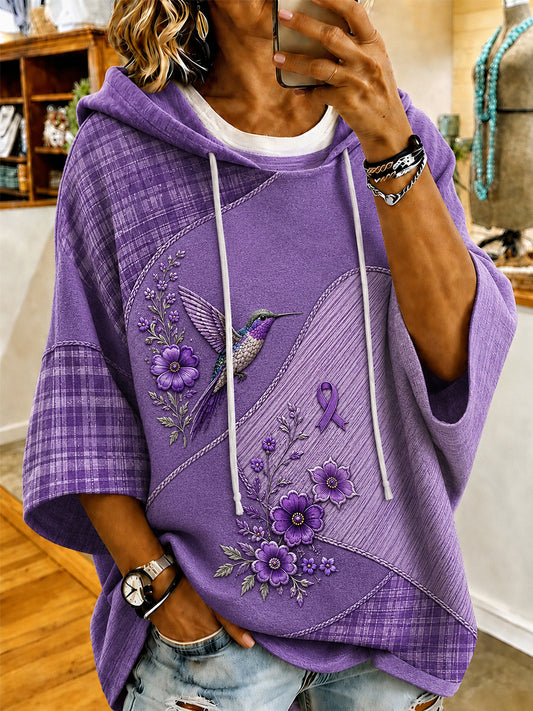 Sweat à capuche manches courtes pour femmes, imprimé floral violet et colibris, en soutien à la sensibilisation à la maladie d’Alzheimer
