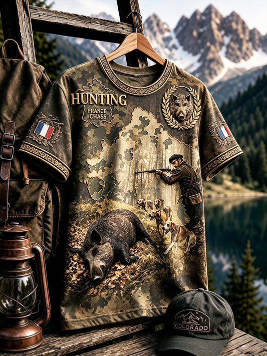 T-shirt décontracté pour homme, style vintage, motif camouflage de la saison de chasse au sanglier en France