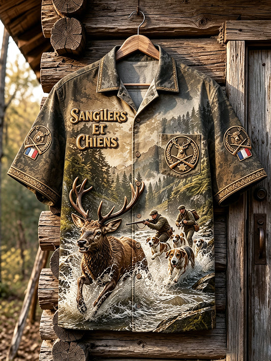 Chemise décontractée à manches courtes pour homme, imprimé vintage de la saison de chasse française