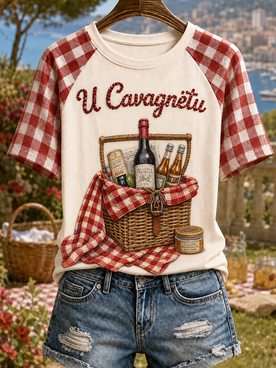 T-shirt femme Cavagnëtu à imprimé vintage, mode ample à manches courtes
