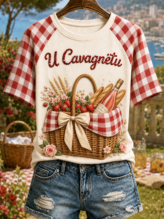 T-shirt femme Cavagnëtu à imprimé vintage, mode ample à manches courtes