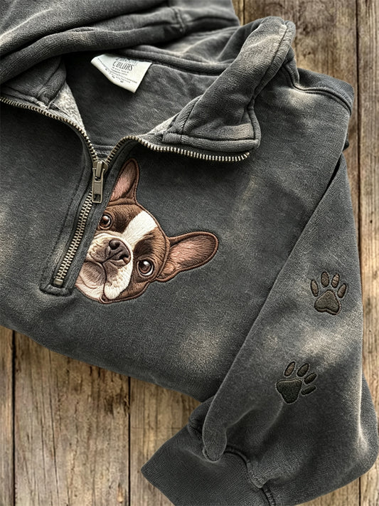 Sweat-shirt zippé Peeking French Bulldog & Paw Prints Femme