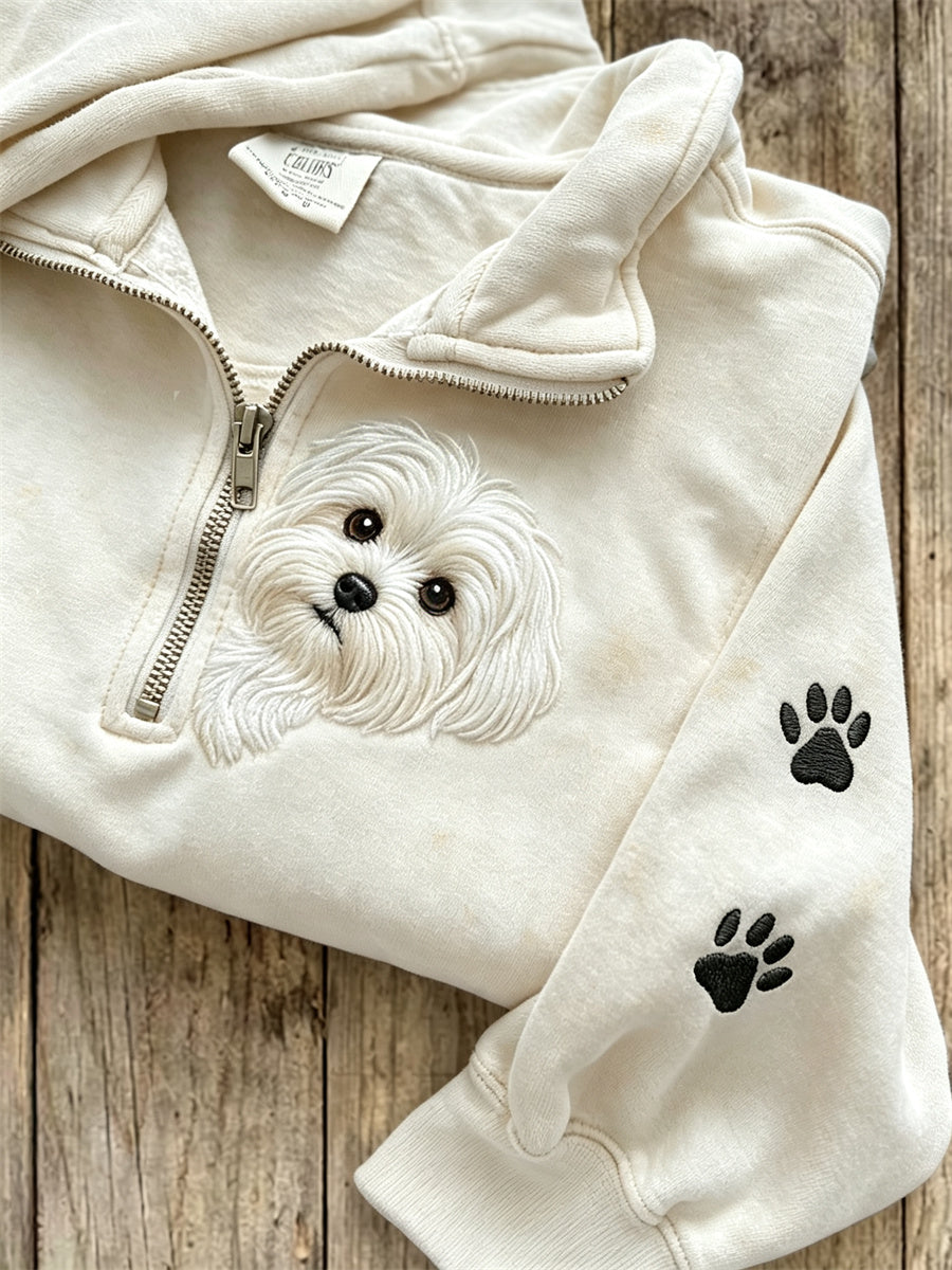 Peeking Maltese Dog & Paw Prints Sweat-shirt zippé pour femme