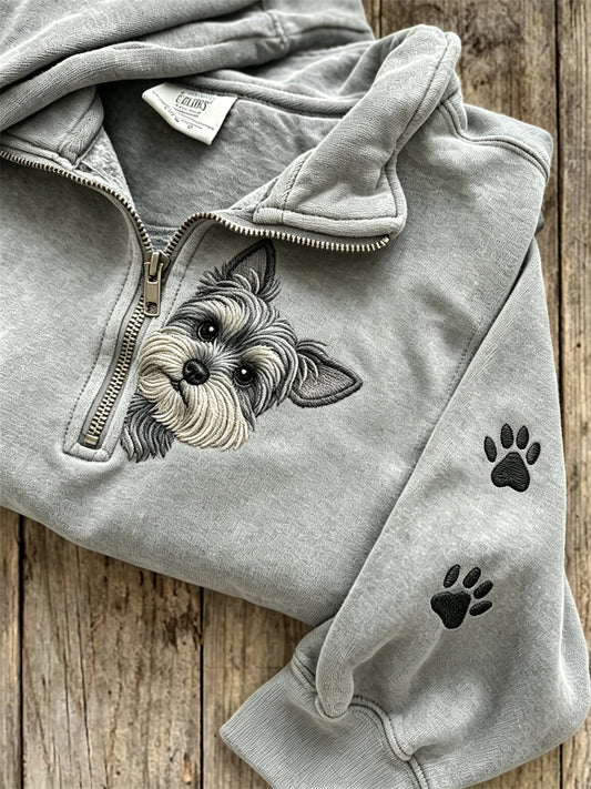 Sweatshirt Femme Peeking Schnauzer Dog & Paw Prints Zip Up
