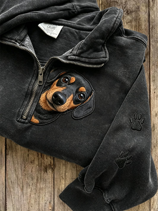 Femme Peeking Teckel Chien & Patte Prints Zip Up Sweatshirt