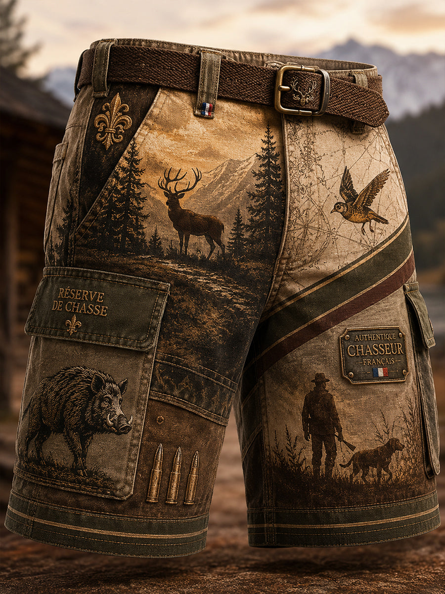 Short décontracté avec impression artistique sur la saison de chasse française pour hommes