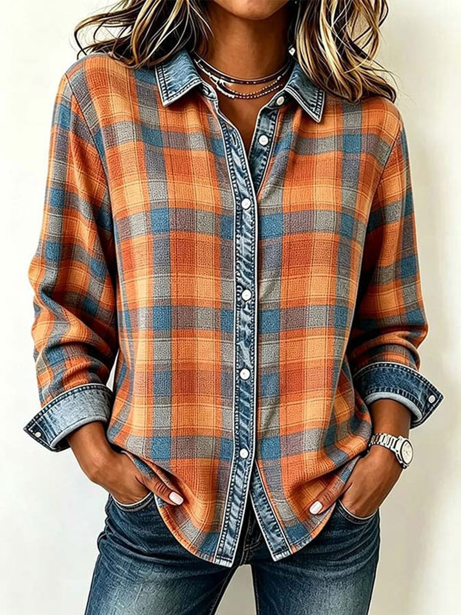 Chemise automnale pour femme à imprimé pied-de-poule et empiècements en denim