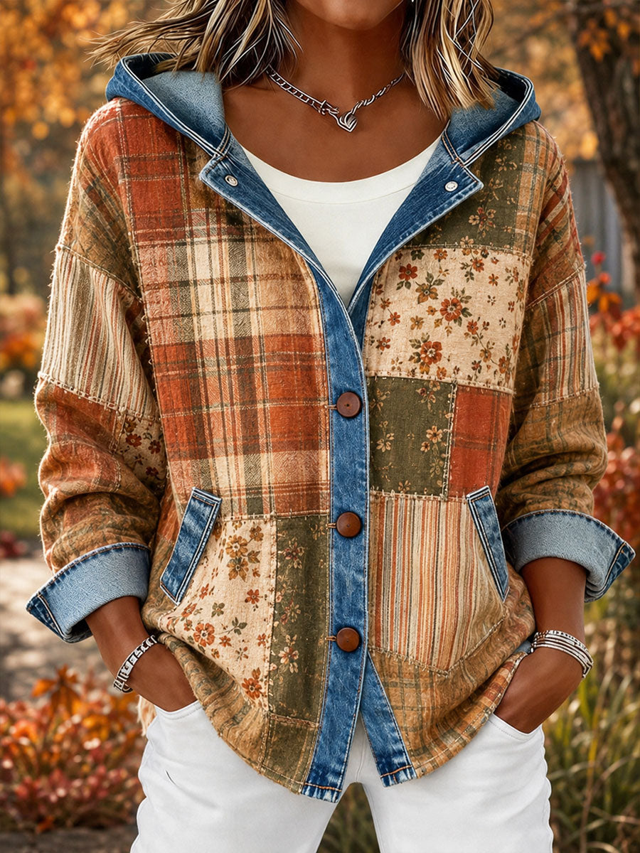 Femmes Automne Patchwork Art-Print Denim-Spliced Cardigan à capuche