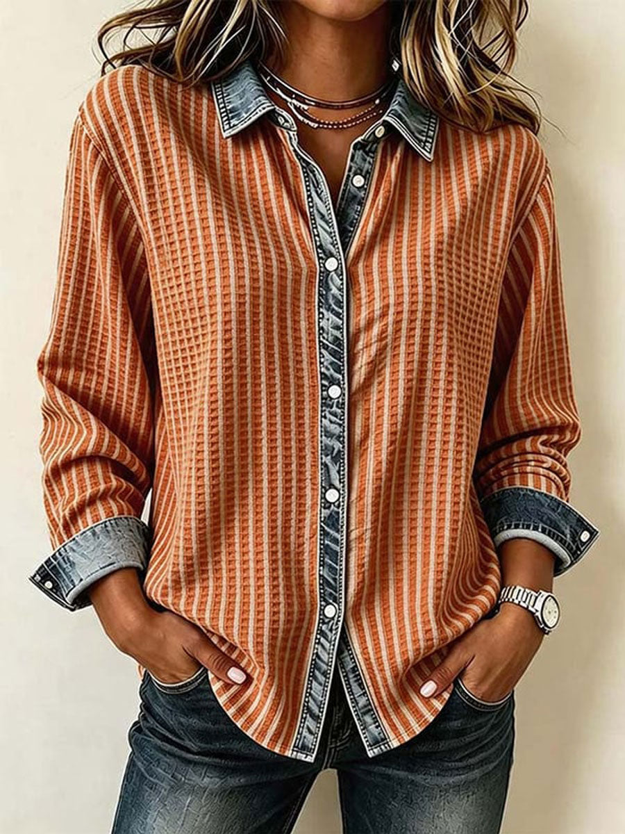 Chemise automnale pour femme à imprimé pied-de-poule et empiècements en denim