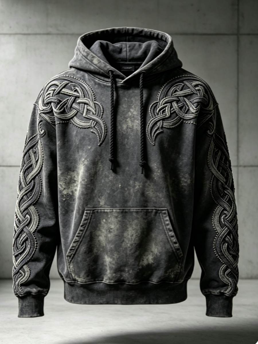 Sweat à capuche surdimensionné à épaules tombantes pour homme, style rétro viking, motif Valknut et arbre de vie