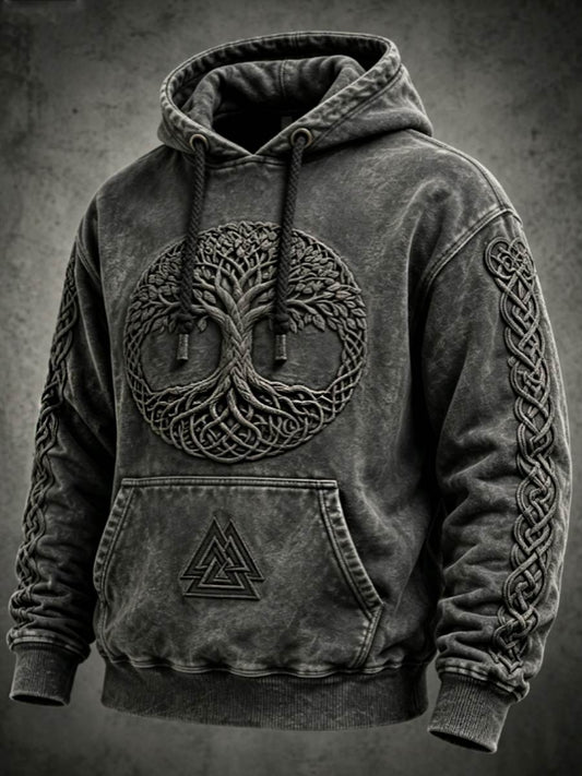 Sweat à capuche surdimensionné à épaules tombantes pour homme, style rétro viking, motif Valknut et arbre de vie