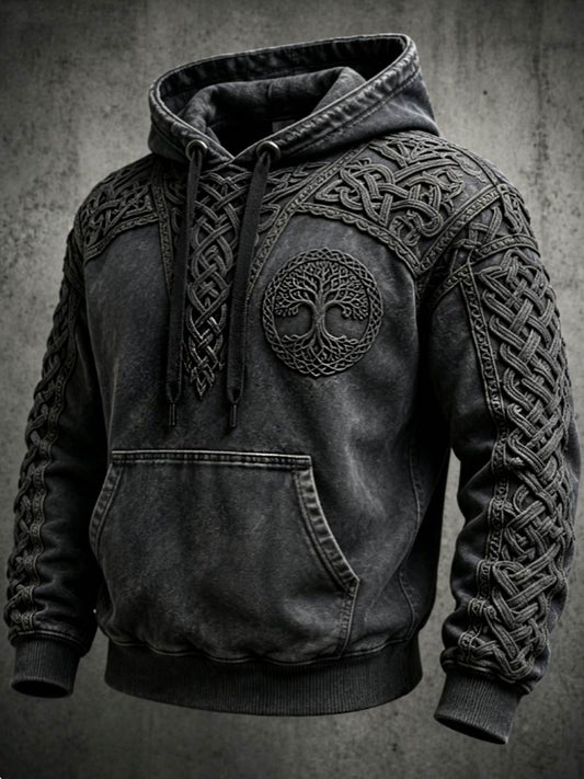 Sweat à capuche surdimensionné à épaules tombantes pour homme, style rétro viking, motif Valknut et arbre de vie