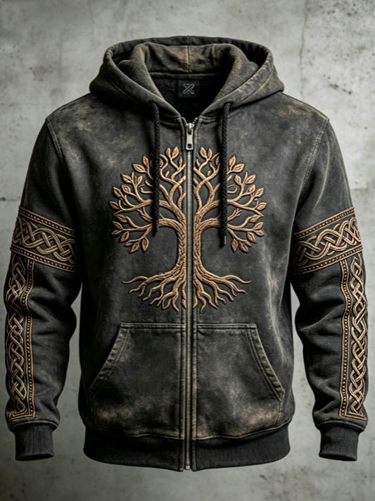 Hommes Retro Viking Valknut Tree Life Color Block Design Art Zip-Up Hoodie