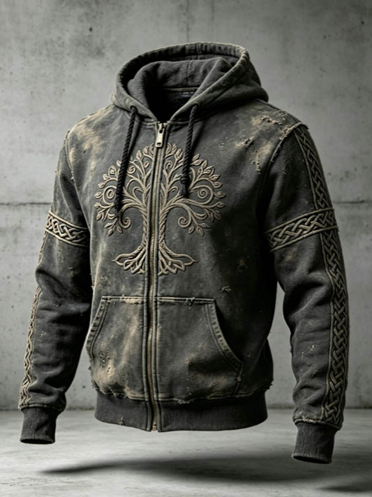 Sweat à capuche zippé pour homme, style rétro viking, motif Valknut et arbre de vie, design en blocs de couleur artistiques
