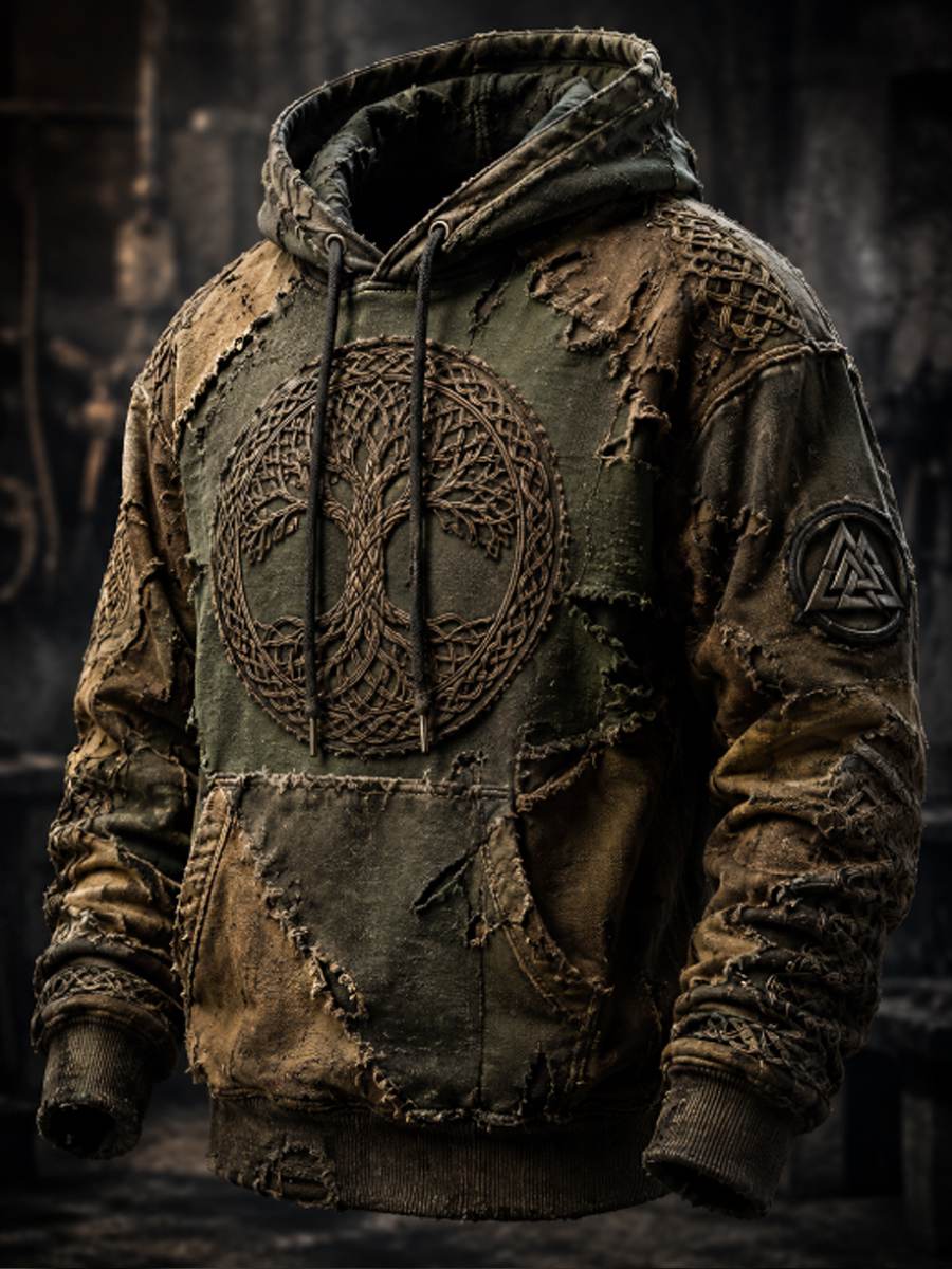 Chandail à capuchon surdimensionné Retro Viking Valknut Tree Life à épaules dénudées pour hommes