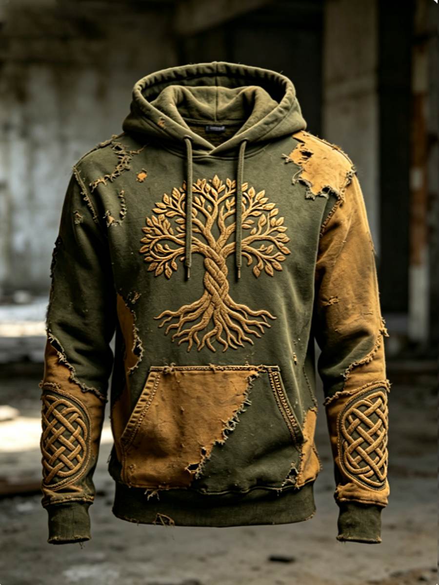 Sweat à capuche surdimensionné à épaules tombantes pour homme, style rétro viking, motif Valknut et arbre de vie