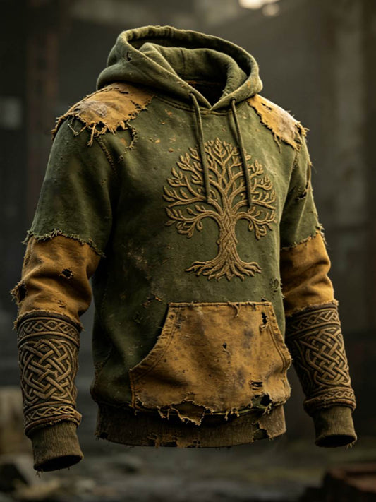 Sweat à capuche surdimensionné à épaules tombantes pour homme, style rétro viking, motif Valknut et arbre de vie