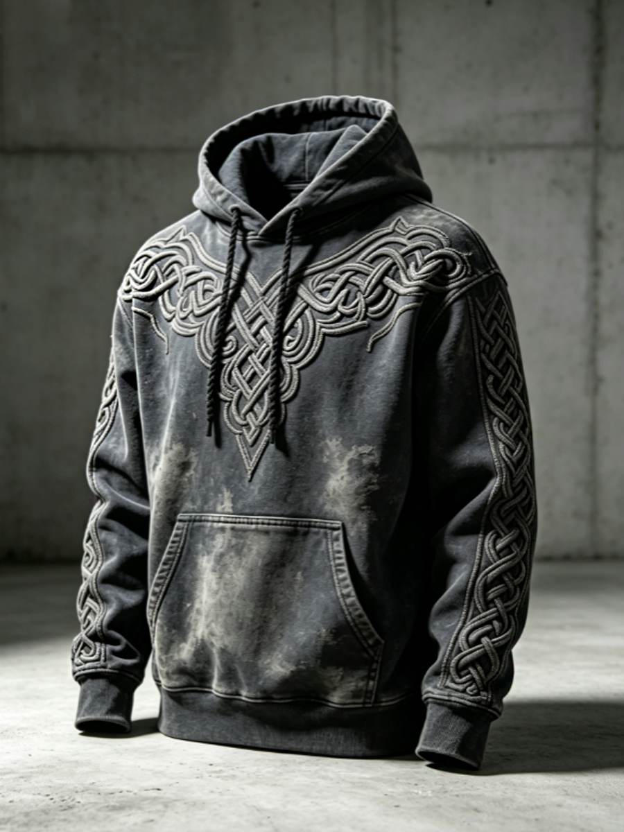 Sweat à capuche surdimensionné à épaules tombantes pour homme, style rétro viking, motif Valknut et arbre de vie