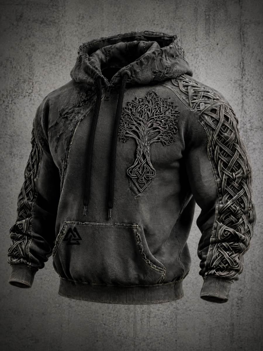 Sweat à capuche surdimensionné à épaules tombantes pour homme, style rétro viking, motif Valknut et arbre de vie