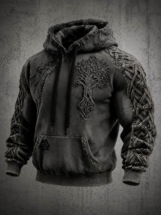 Sweat à capuche surdimensionné à épaules tombantes pour homme, style rétro viking, motif Valknut et arbre de vie