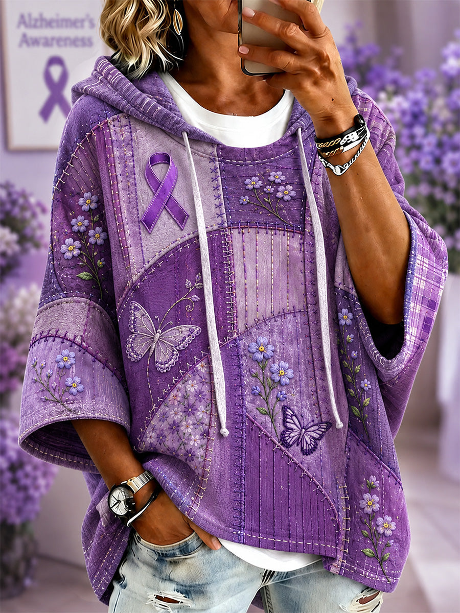 Sweat à capuche manches courtes pour femmes, imprimé floral violet et papillons, en soutien à la sensibilisation à la maladie d’Alzheimer