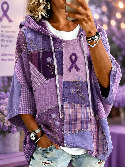 Sweat à capuche à manches courtes violet à imprimé floral pour femmes Alzheimer's Awareness Support