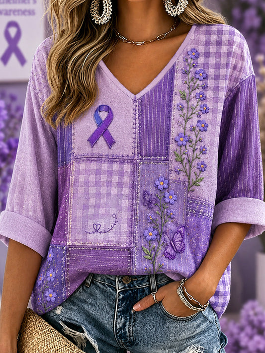 T-shirt à col en V pour femmes, imprimé floral violet et papillons, en soutien à la sensibilisation à la maladie d’Alzheimer