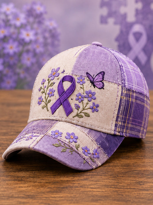 Chapeau de soutien à la sensibilisation à la maladie d’Alzheimer, unisexe, à imprimé floral violet et papillons