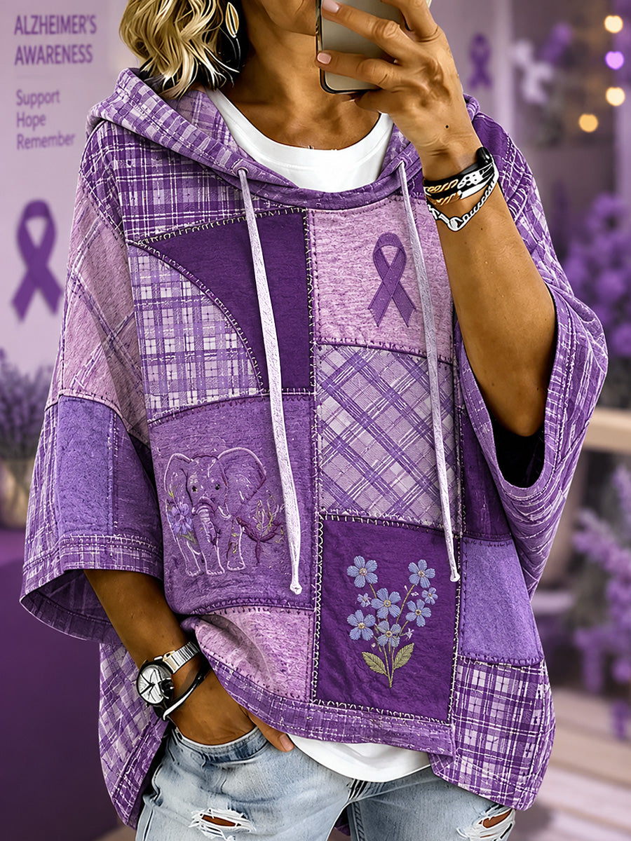 Chandail à capuchon à manches courtes pour femmes violet imprimé floral et éléphant Alzheimer's Awareness Support