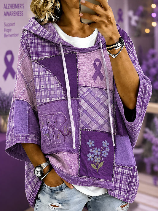 Chandail à capuchon à manches courtes pour femmes violet imprimé floral et éléphant Alzheimer's Awareness Support