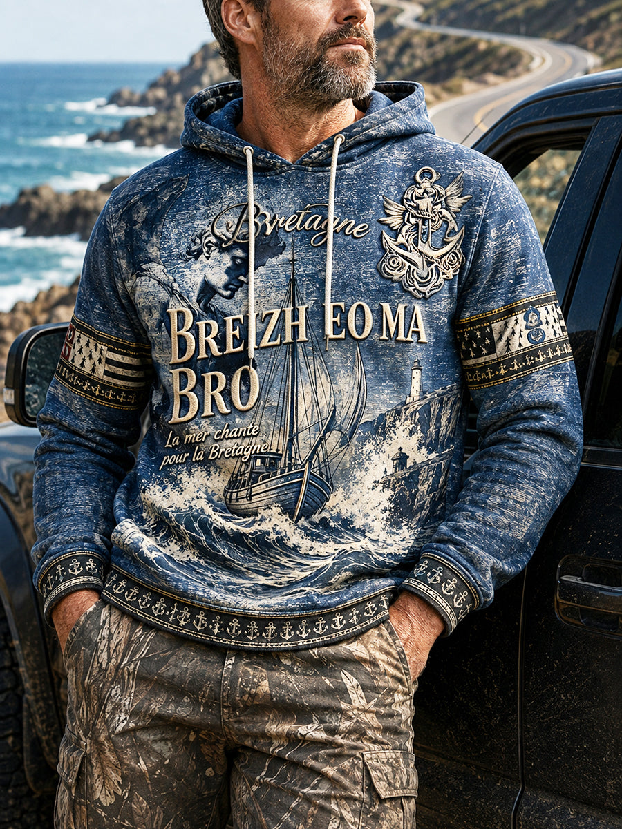 Sweatshirt Homme Bleu Foncé Décontracté French Brittany-Print