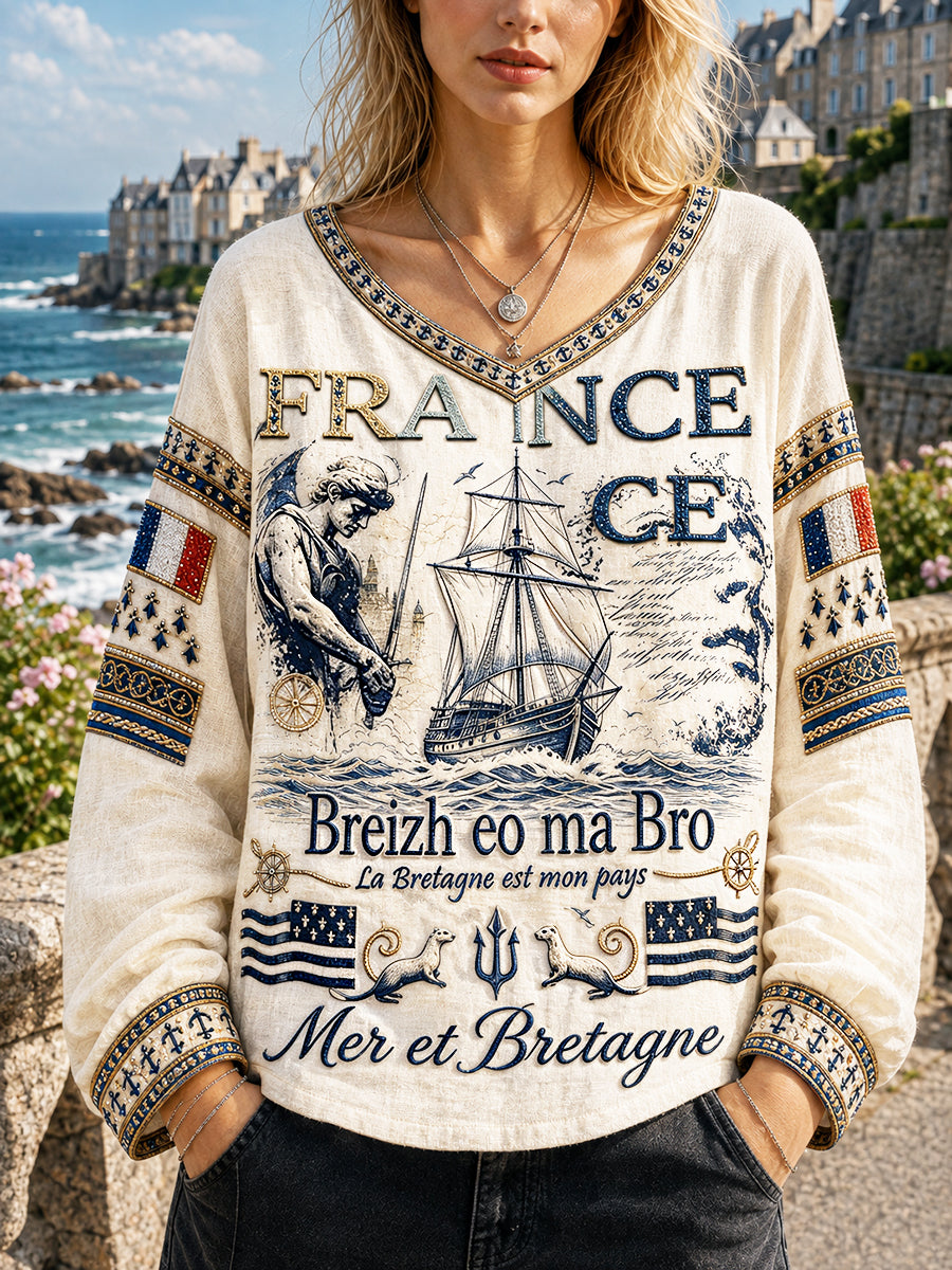 T-shirt Femme Blanc Cassé Français Breton Imprimé Décontracté Col V Cool Protection Solaire