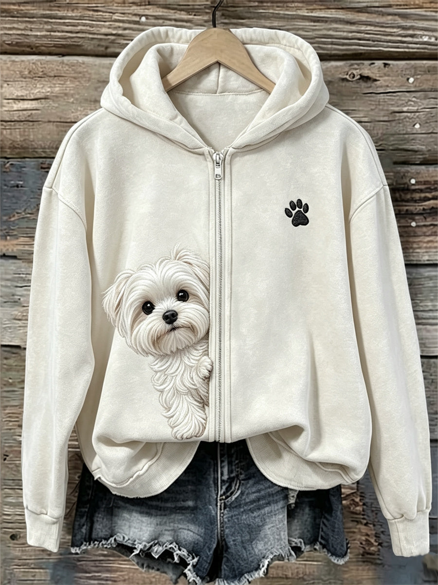 Peeking Maltese Dog & Paw Imprimer Full Zip Hoodie Femme