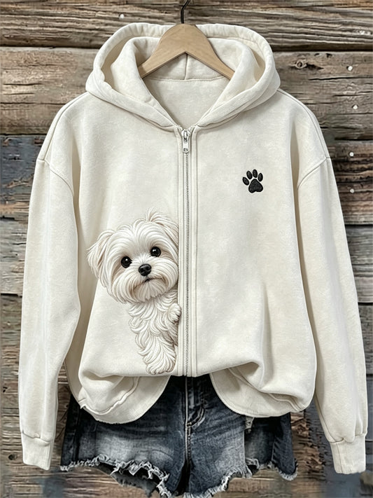 Peeking Maltese Dog & Paw Imprimer Full Zip Hoodie Femme