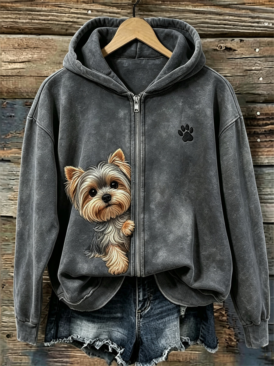 Sweat à capuche à fermeture éclair pour femme Peeking Yorkshire Dog & Paw Print