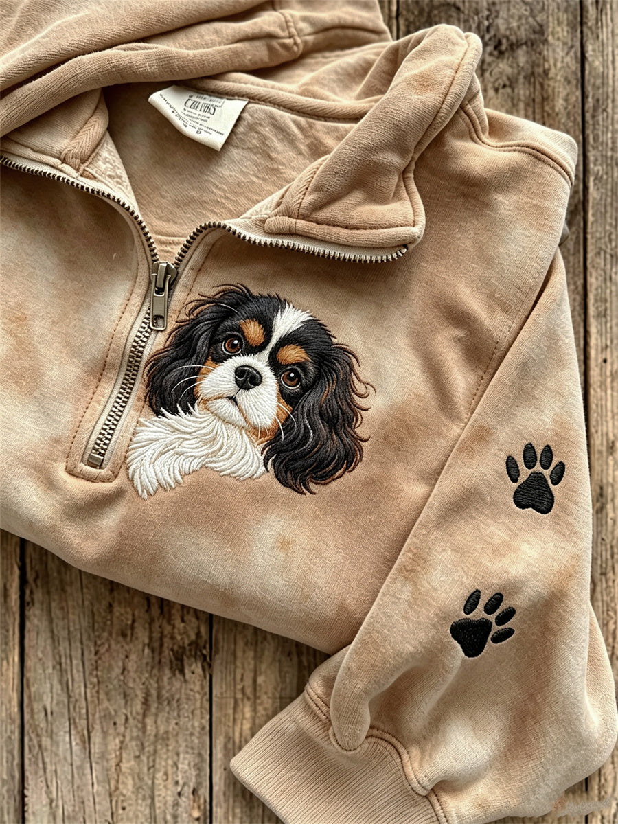 Peeking King Charles Dog & Paw Prints Imprimer Zip Up Sweatshirt Femme