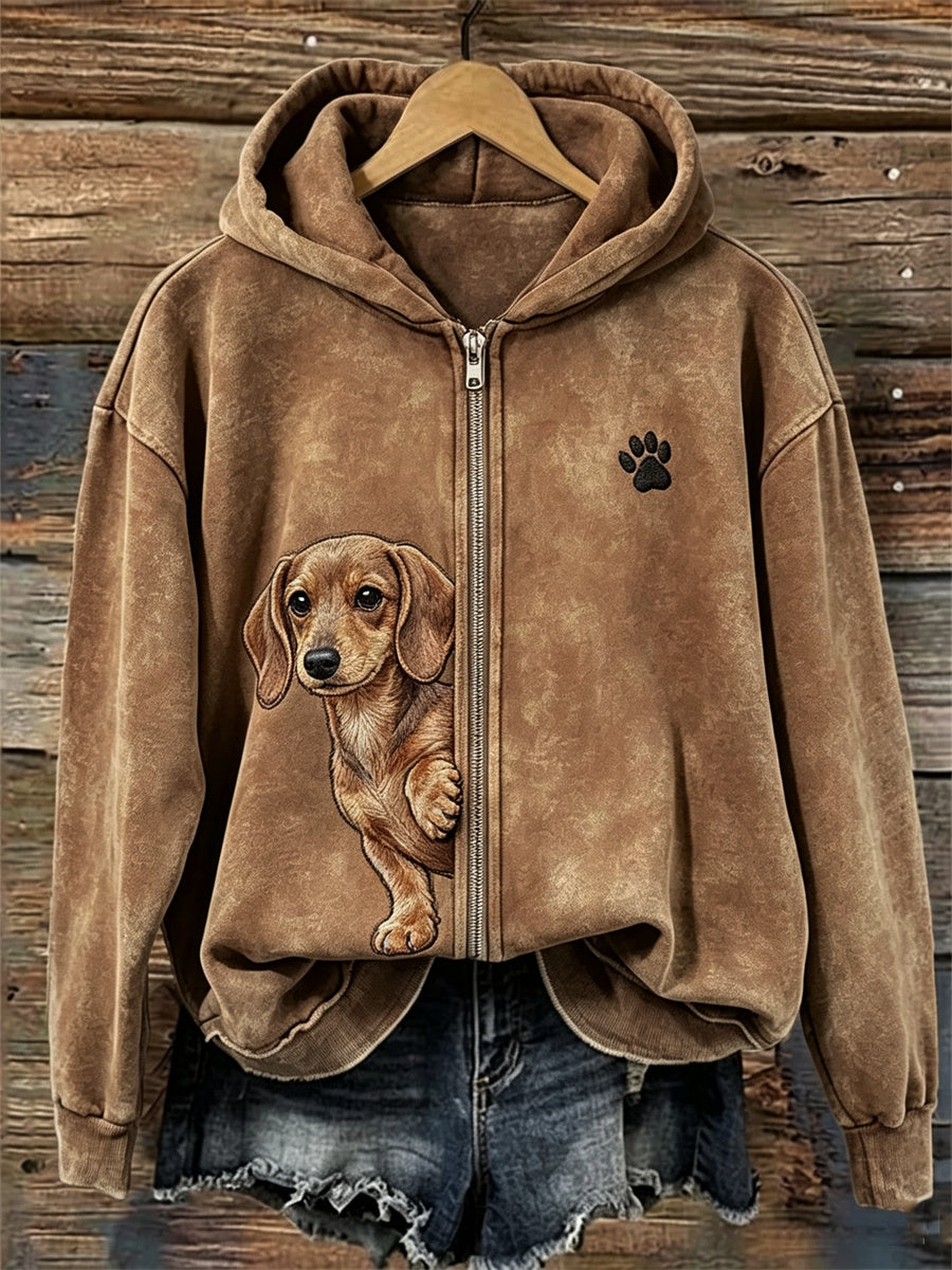 Peeking Dachshund Dog & Paw Imprimer Full Zip Hoodie Femme