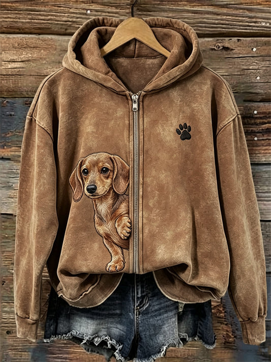 Peeking Dachshund Dog & Paw Imprimer Full Zip Hoodie Femme