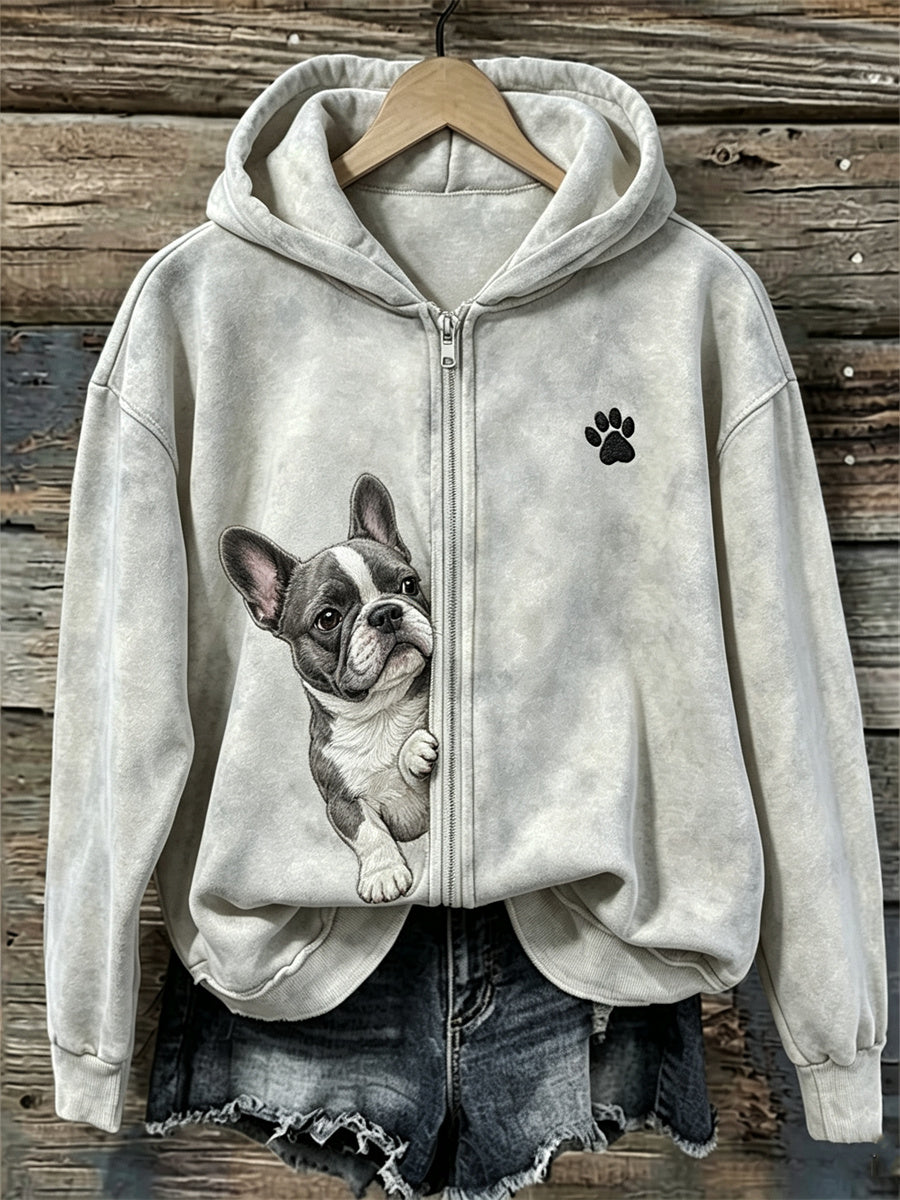 Sweat à capuche à fermeture éclair pour femme Peeking French Bulldog & Paw Print